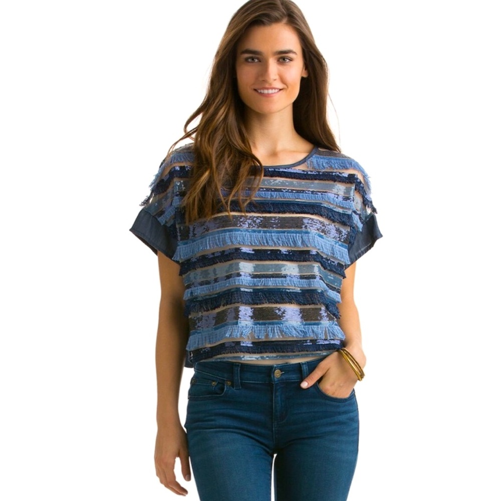 Vineyard Vines Blue Fringe Party Top Sequin Size S